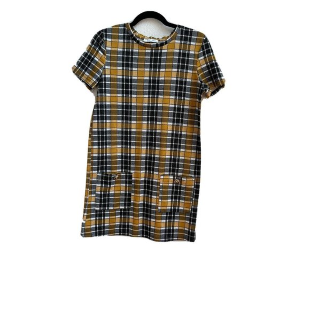 Zara Trafaluc Short Sleeve Plaid Mock Neck Dress Size Women's Small S Mustard